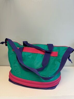 Vintage Avon Expandable Tote Travel Bag Nylon Neon Color Block 3 Zip 11-19 inch